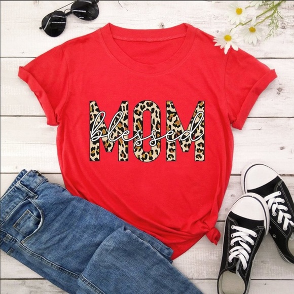 None Tops - Blessed Mom Red Graphic Tee